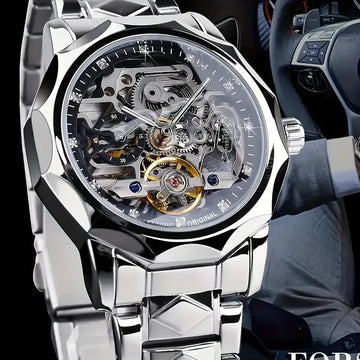 New Luxury High-End Light Luxury Men's Watch Automatic Mechanical Watch - Stylish Stainless Steel Strap, Diamond-Encrusted, Skeleton Design, Fashionable Business Casual Style, Ideal Gift, No Battery