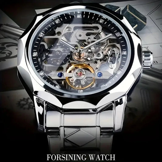 New Luxury High-End Light Luxury Men's Watch Automatic Mechanical Watch - Stylish Stainless Steel Strap, Diamond-Encrusted, Skeleton Design, Fashionable Business Casual Style, Ideal Gift, No Battery