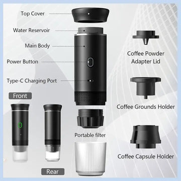 EAS-Wireless Electric Portable Espresso Coffee Machine Portable Coffee Maker 3-In-1 Capsule Powder Travel Coffee Maker Sliver