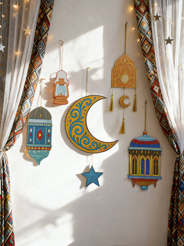Islamic Ramadan Wall Decor Moon Star Lantern Tassel Ornament for Eid Mubarak Kareem Muslim Festival Home Hanging Decoration Gift